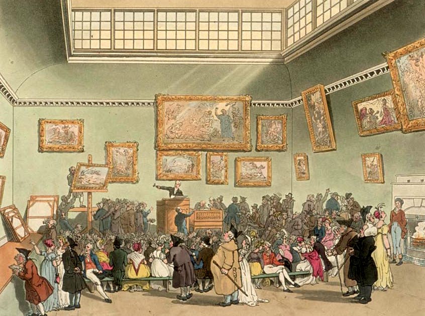 Томас Роулендсон и Огастес Пьюджин. Аукционный зал Christie’s. Из альбома «Микрокосм Лондона», 1808